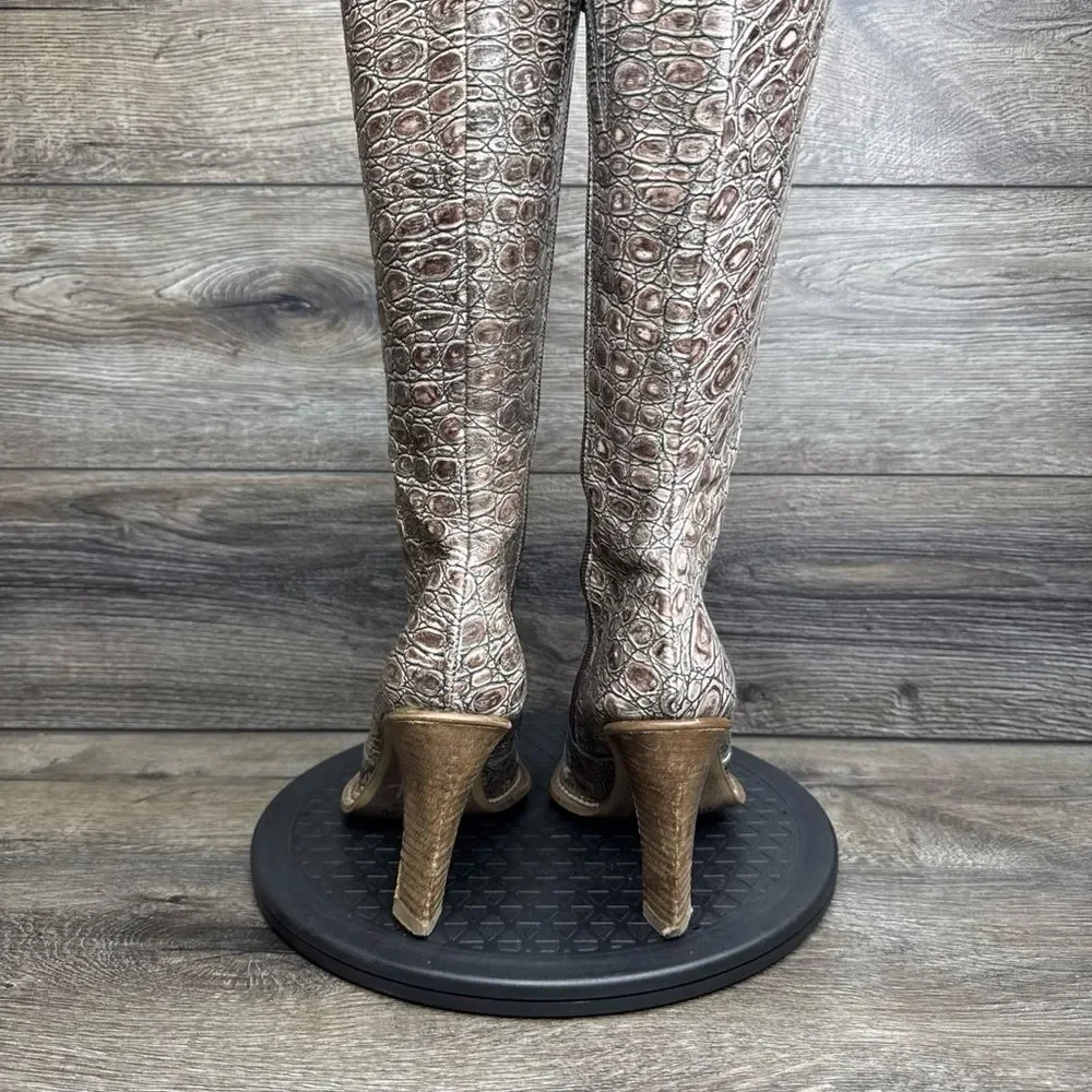 Vintage Destroy Women Sz 9-9.5 Snakeskin Tooled Leather Pointed High Heel Boots
